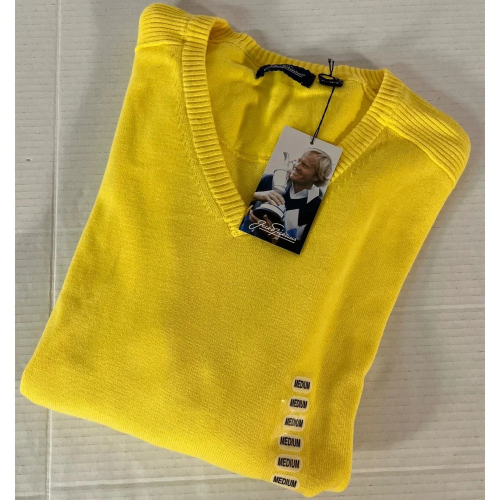 Jack Nicklaus Sweater Mens Medium Yellow V-Neck Golden Bear Golf Knit NWT